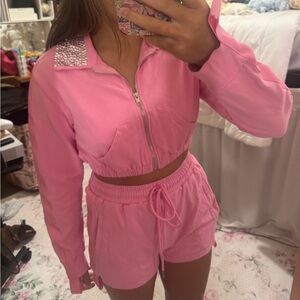 Pink Cropped Jacket and Shorts Set with Rhinestone Collar